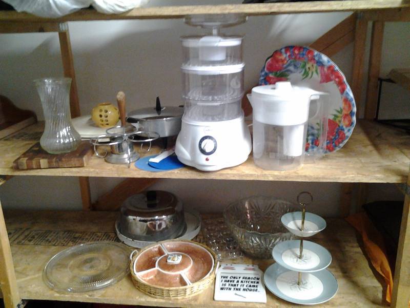 lot 89 image: 2-Shelves Of Kitchen Related, Dehydrator, Tray, 3-Tier Server, Water Filter Pitcher, Punch Bowl, More