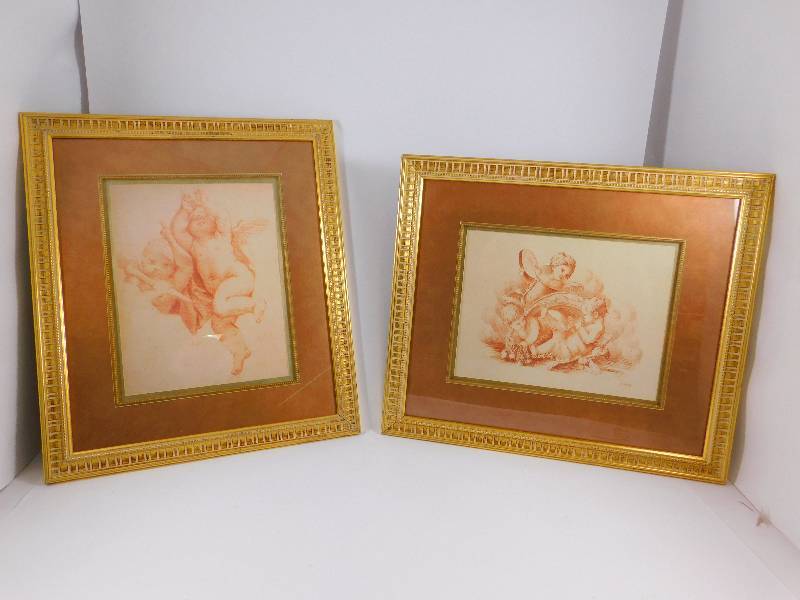 lot 10 image: Lot of 2 Framed Cherub Prints By Math