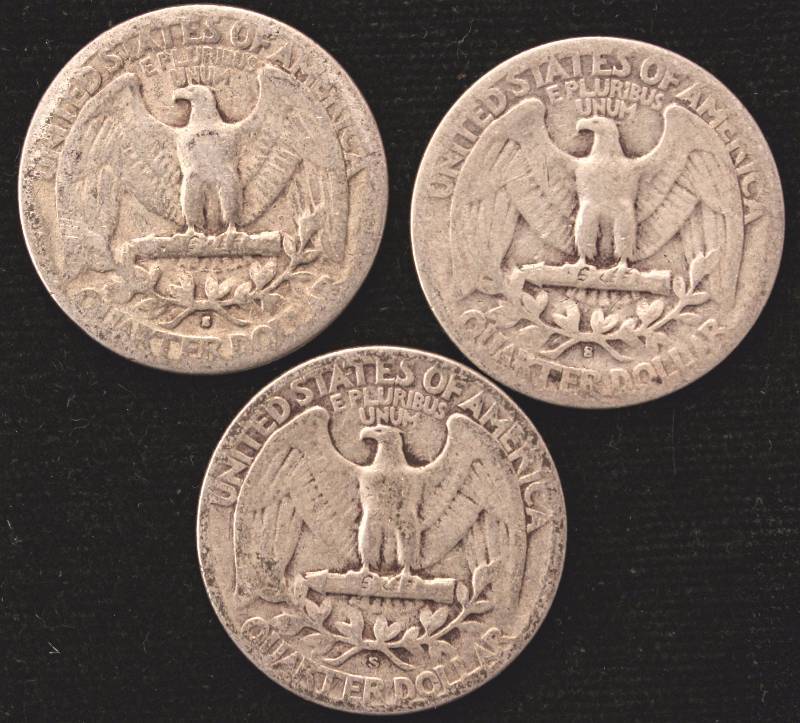 lot 10 image: GROUP OF 3 WASHINGTON SILVER QUARTERS 1936-S, 1942-S, 1945-S