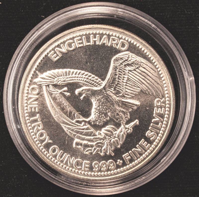 lot 22 image: 1 TROY OZ. .999 FINE SILVER ROUND 1986 ENGELHARD THE AMERICAN PROSPECTOR IN AIRTITE HOLDER