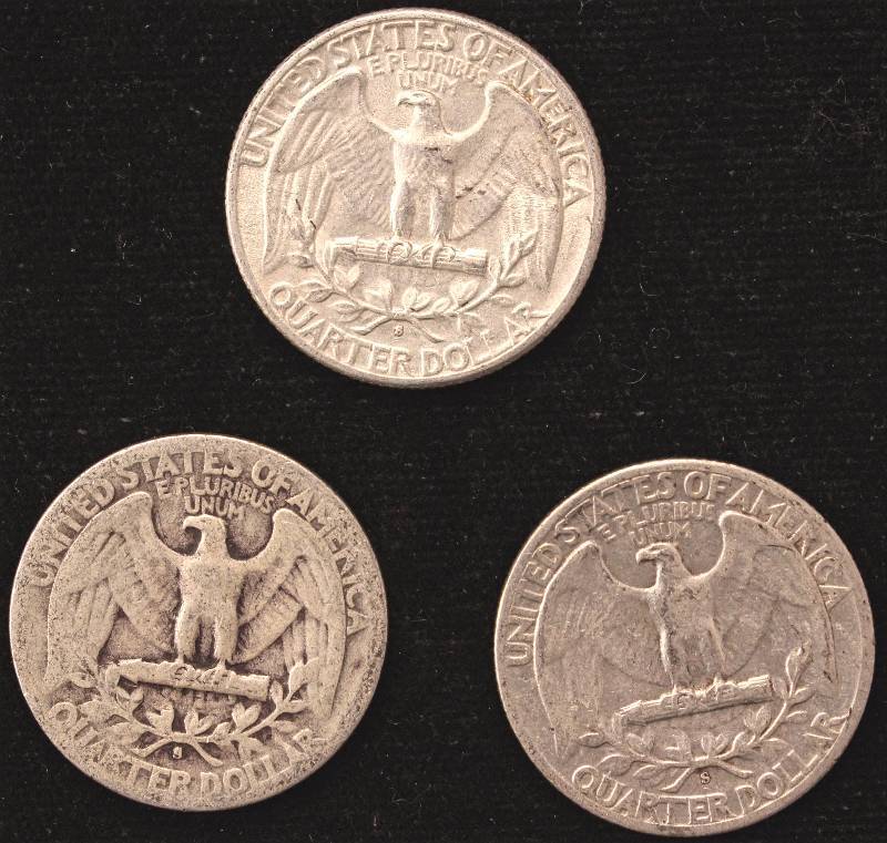 lot 57 image: GROUP OF 3 WASHINGTON SILVER QUARTERS 1940-S, 1941-S, 1942-S