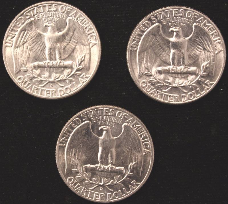 lot 72 image: GROUP OF 3 WASHINGTON SILVER QUARTERS 1964 BU-UNC