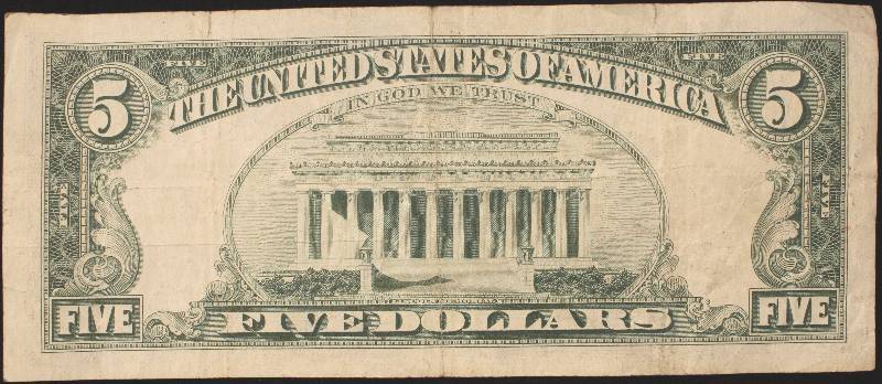 lot 44 image: 1963 US CURRENCY RED SEAL $5 BILL XF