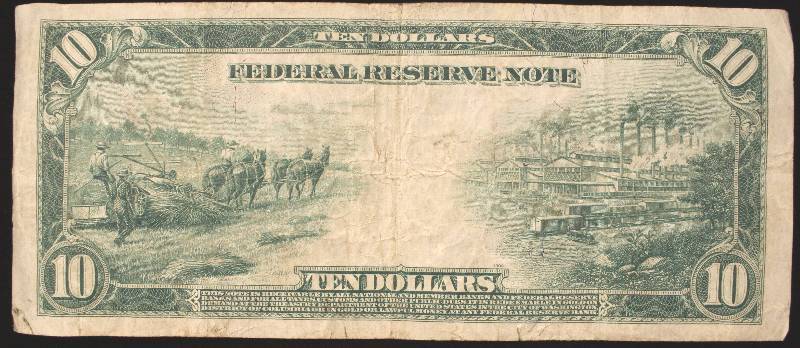 lot 15 image: 1914 US CURRENCY $10 BILL ANDREW JACKSON BLUE SEAL FEDERAL RESERVE NOTE