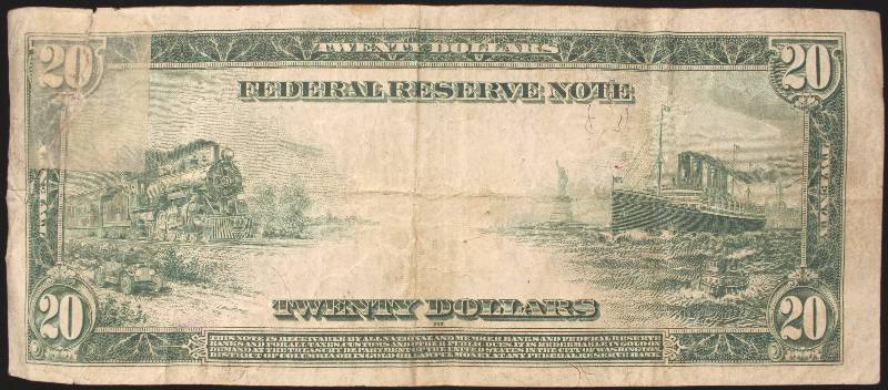lot 70 image: 1914 US CURRENCY $20 BILL BLUE SEAL FEDERAL RESERVE NOTE STEAMTRAIN & BOAT REVERSE VF DETAILS
