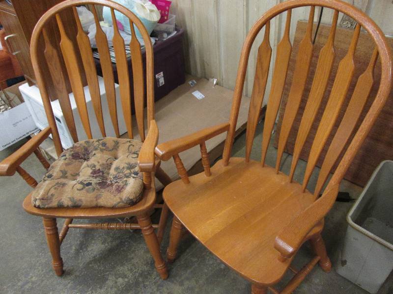 lot 9 image: 2 Sturdy Wood Captains Chairs, one...