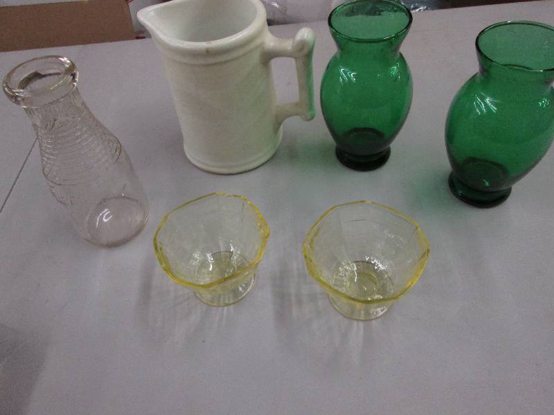 lot 38 image: 2 Green Glass Vases, 2 yellow sherb...