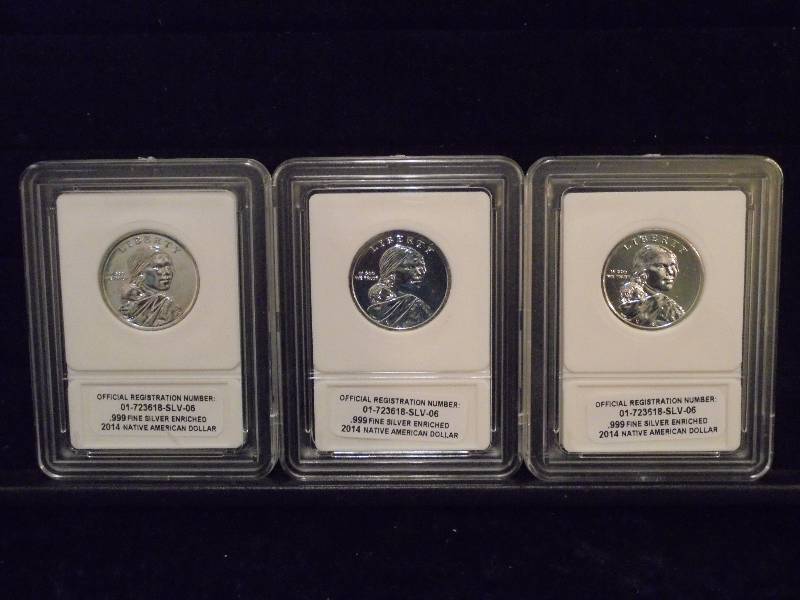 Lot of 3 Native American Dollars in Cases, Marked .999 Silver