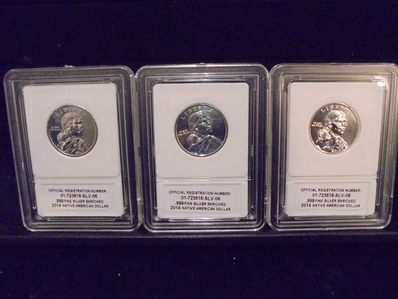Lot of 3 Native American Dollars in Cases, Marked .999 Silver