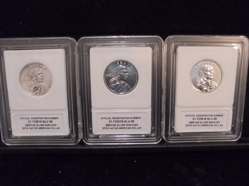 Lot of 3 Native American Dollars in Cases, Marked .999 Silver