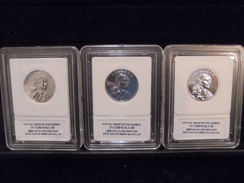 Lot of 3 Native American Dollars in Cases, Marked .999 Silver