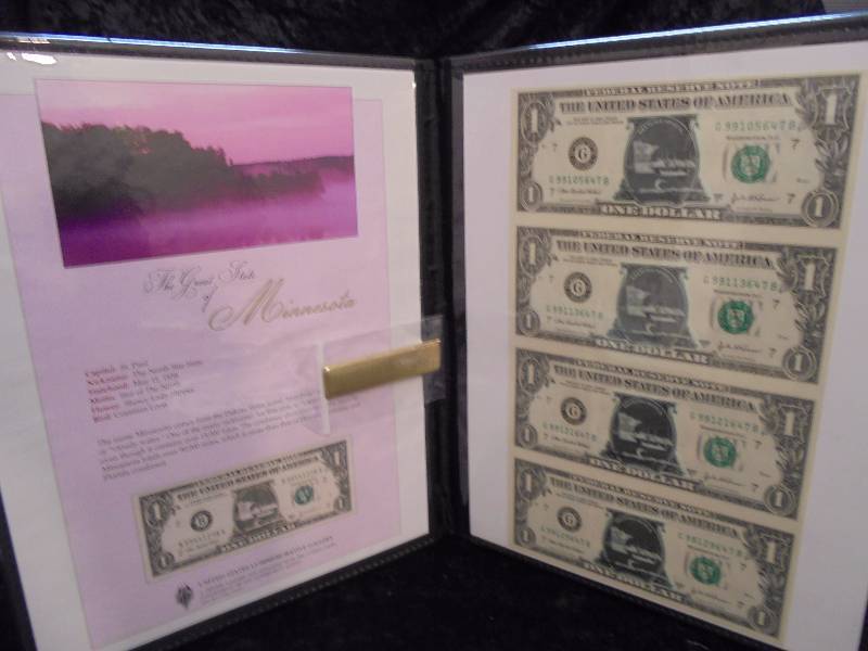 4 Uncut 2003A $1 Notes in Porfolio, MN Commemorative Stickers