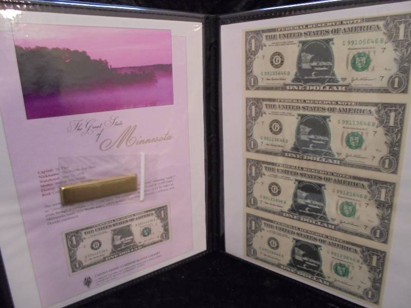 4 Uncut 2003A $1 Notes in Porfolio, MN Commemorative Stickers