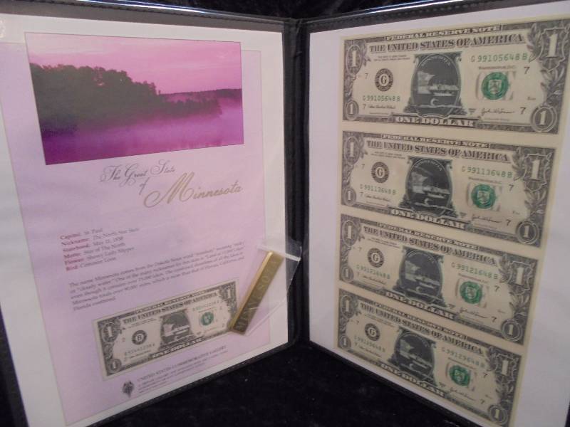 4 Uncut 2003A $1 Notes in Porfolio, MN Commemorative Stickers