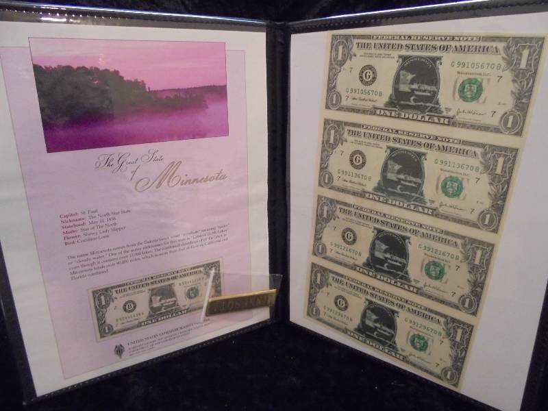 4 Uncut 2003A $1 Notes in Porfolio, MN Commemorative Stickers
