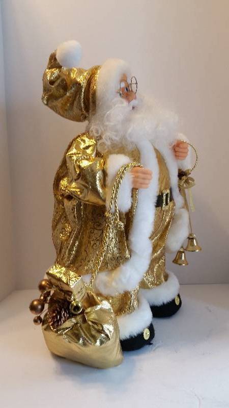 Wind Up Golden Costumed Christmas Santa - Sings Santa Claus Is Coming To Town as Head Sways Side to Side