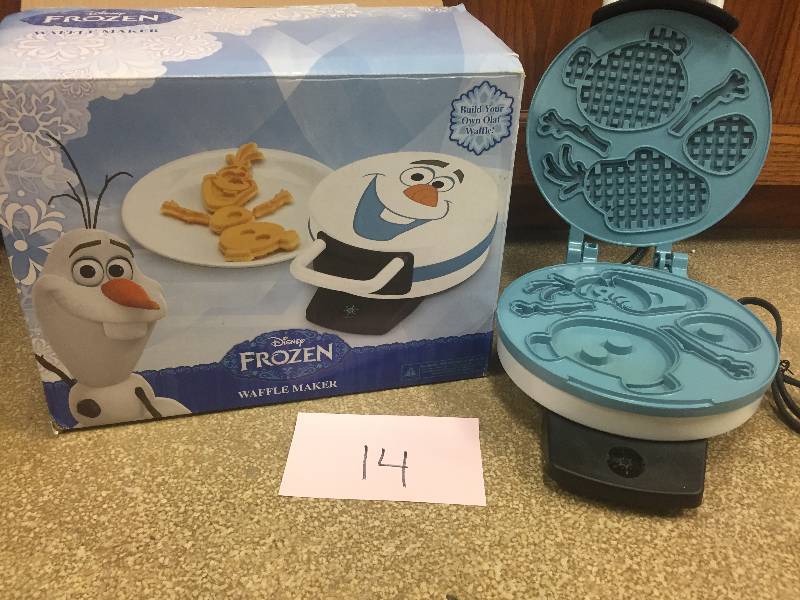 lot 14 image: Disney Frozen Olaf Waffle Maker - Makes Olaf the Snowman Waffles, open box never used , Stock and actual photos used to display item
