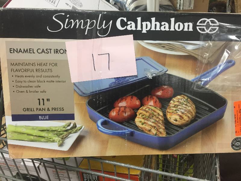 lot 17 image: Calphalon 1821047 Simply Enamel Cast Iron Grill Pan and Press, 11-Inch, Blue, open box never used , Stock and actual photos used to display item