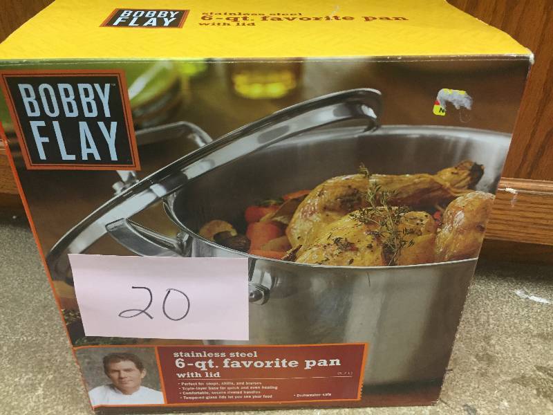 lot 20 image: NIB Bobby Flay 6 Quart Favorite Pan With Lid soup, chili, braises, open box never used , Stock and actual photos used to display item