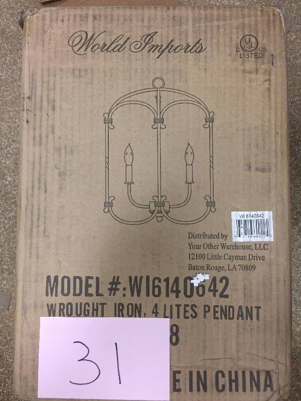 lot 31 image: World Imports Hastings Collection 4-Light Outdoor Rust Hanging Lantern,open box never used , Stock and actual photos used to display item