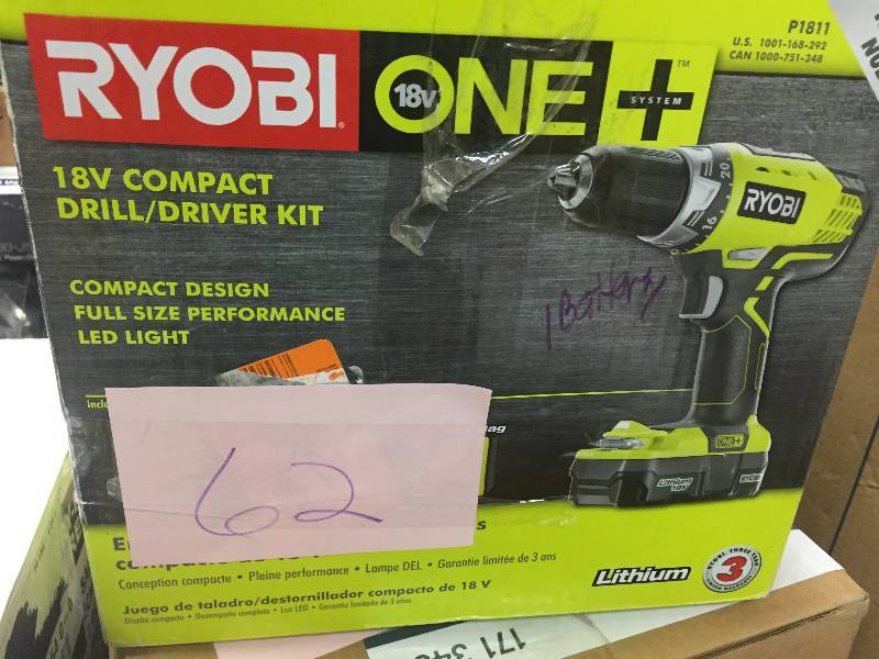lot 62 image: Ryobi ONE 18-Volt Lithium-Ion Compact DrillDriver Kit 1 Battery only Never used