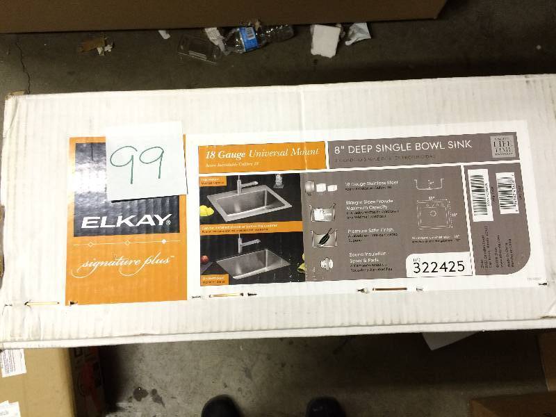 lot 99 image: Elkay Signature Plus Universal Mount Stainless Steel 25x22x8 4-Hole Single Bowl Kitchen Sink HD322425 New