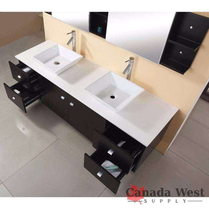 lot 51 image: NEW SOLID WOOD DOUBLE DOUBLE SINK WITH MIRROR & FAUCETS X013
