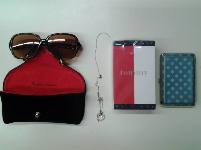 lot 19 image: New Tommy Boy (Hilfiger) Cologne, Charm Necklace, Card Case, Ralph Lauren Corrected Sunglasses
