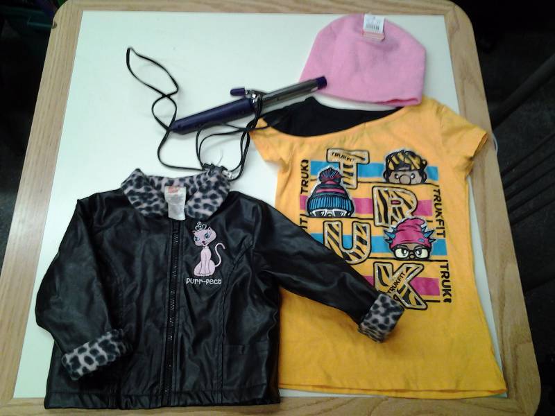 lot 51 image: Little Girls Jacket 18 Mo.,T-Shirt Size 7, Pink Beanie, Curling Iron