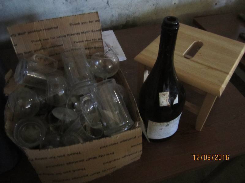 Vintage wine bottle, stool and glas...