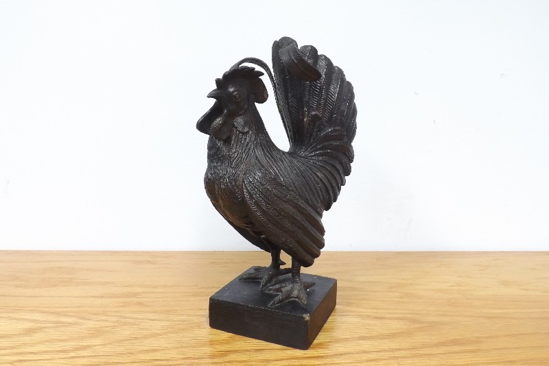 Large Vintage Bronze Rooster Sculpture on Wood Base