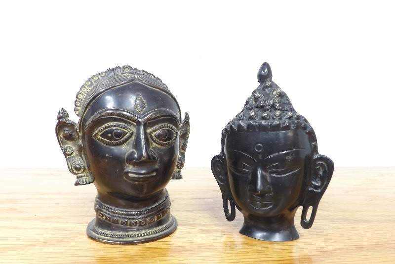 2 Vintage Bronze Asian Head Sculptures