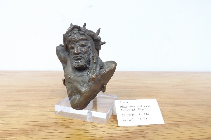 Signed Bronze Jesus BustHead with Crown of Thorns on Stand