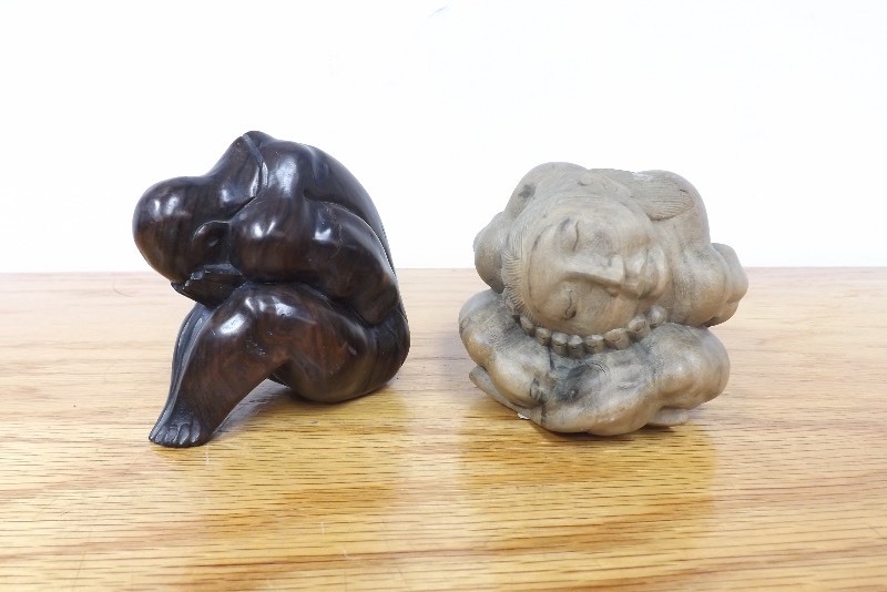 2 Vintage Solid Wood Carved SleepingWeeping Buddhas