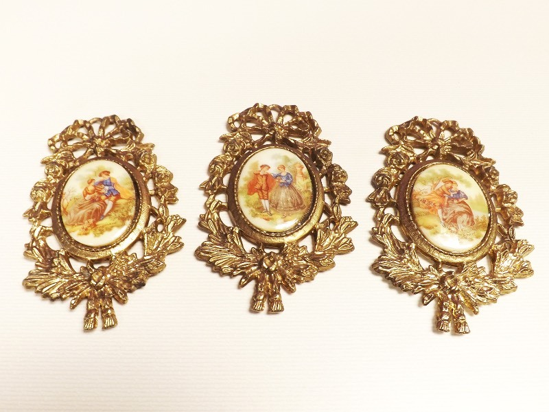 3 Antique Metal Framed Victorian Signed Fragonard Porcelain Cameo Plaques