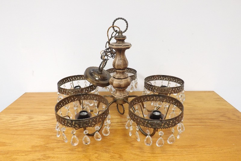 Vintage Metal 5-Light Chandelier with Hanging Crystals