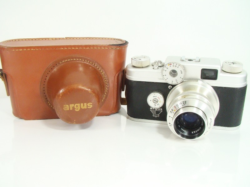 Vintage Argus Camera with C-Four 50 MM f2.8 Coated Cintar Lens and Leather Case