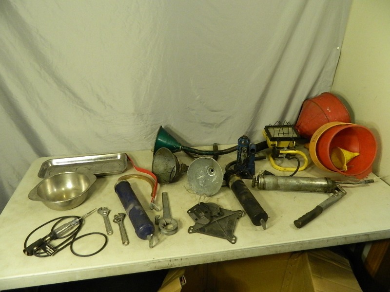 lot 68 image: Funnels, Grease Guns, Tools, Etc