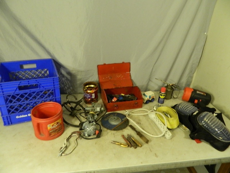 lot 105 image: Tow Strap, Carbs, Tire Repair, and More