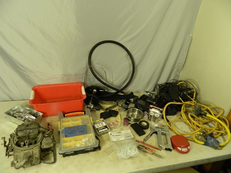 lot 164 image: Holley Carb, Hand Tools, Hardware, Cords and Chargers