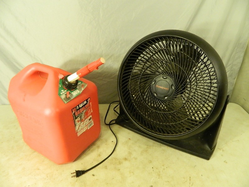 lot 191 image: Gas Can and 3 Speed Fan