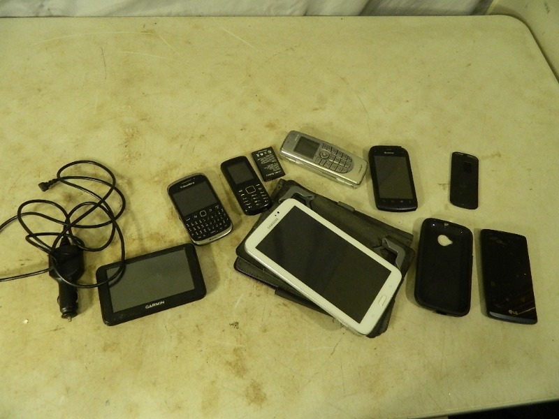 lot 244 image: Garmin GPS, Samsung Tablet, and Cellphones