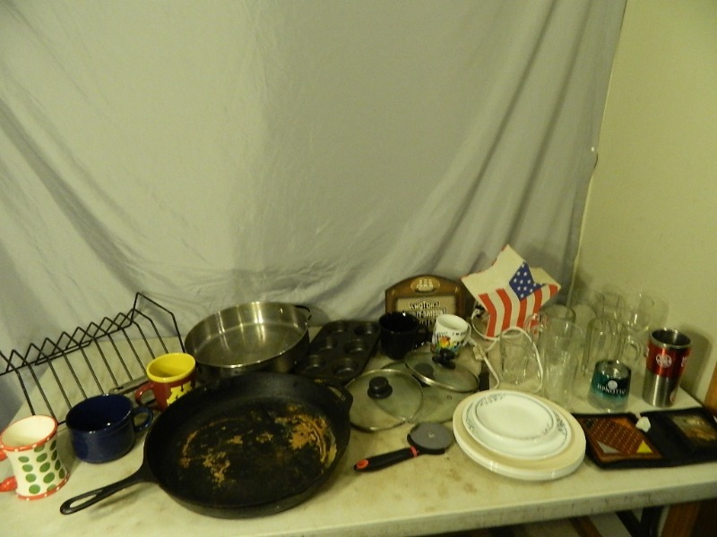 lot 252 image: HUGE Cast Iron Skillet, Dishes, and More