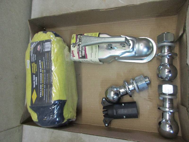 lot 6 image: 1 78 hitch coupler and 3 1 78 balls trailer lightplug and yellow chore gloves
