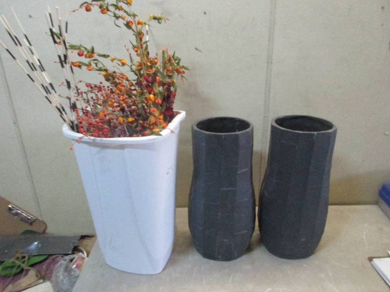 lot 43 image: garbage can w decorative flowers - 2 tall outdoor potters