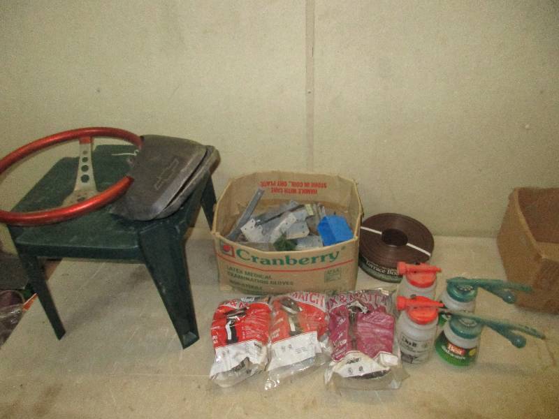 lot 72 image: Joyce brackets - 4 watt lights - insecticide sprayers -plastic table - searing wheel - mud flaps