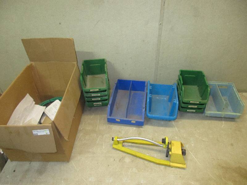 lot 77 image: plastic storage bins - random computer cords - sprinkler