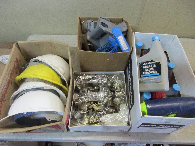 lot 125 image: algae and scum pool cleaner - door handles - hard hats - fan - 4 boxes