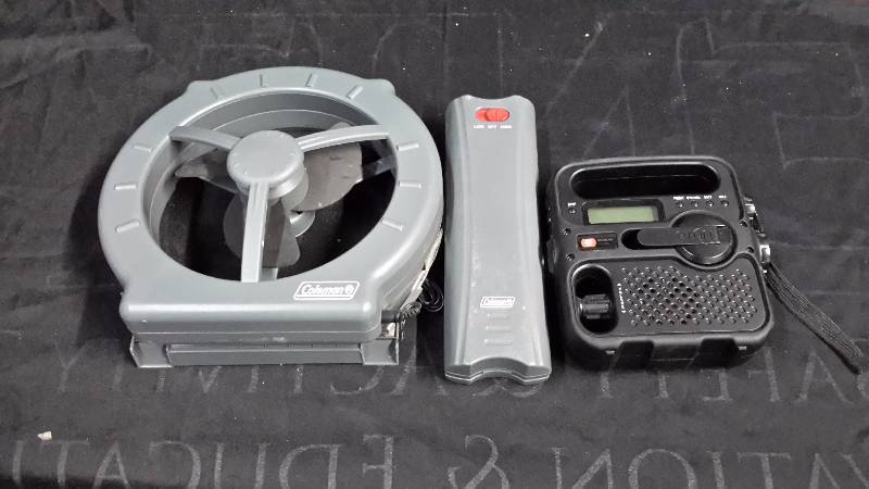 lot 43 image: Coleman camp fan (D batteries) & Eton cranksolar radio