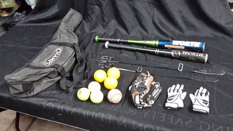 lot 55 image: Baseball set-2 bats, batting gloves, yielding glove, balls & bat bag